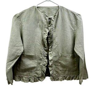 CP Shades Sausalito Pure Irish 100% Linen Ruffle Jacket Relaxed Fit Sage‎ S/M